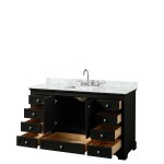 60 Inch Single Bathroom Vanity in Dark Espresso, White Carrara Marble Countertop, Sink, No Mirror