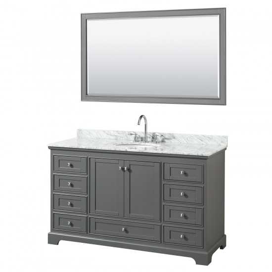 60 Inch Single Bathroom Vanity in Dark Gray, White Carrara Marble Countertop, Oval Sink, 58 Inch Mirror