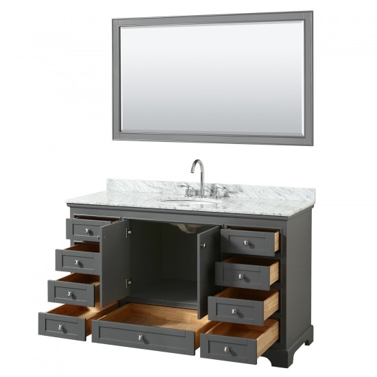 60 Inch Single Bathroom Vanity in Dark Gray, White Carrara Marble Countertop, Oval Sink, 58 Inch Mirror