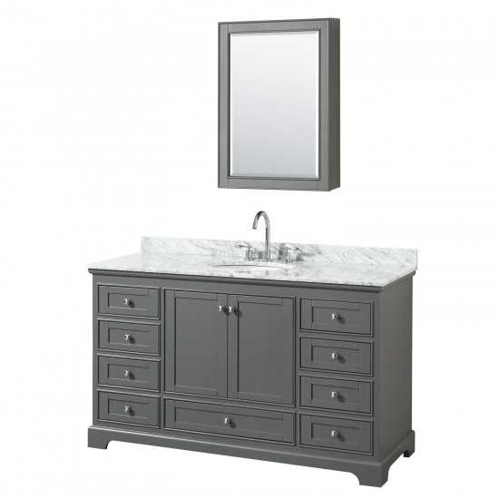 60 Inch Single Bathroom Vanity in Dark Gray, White Carrara Marble Countertop, Oval Sink, Medicine Cabinet