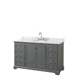 60 Inch Single Bathroom Vanity in Dark Gray, White Carrara Marble Countertop, Oval Sink, No Mirror