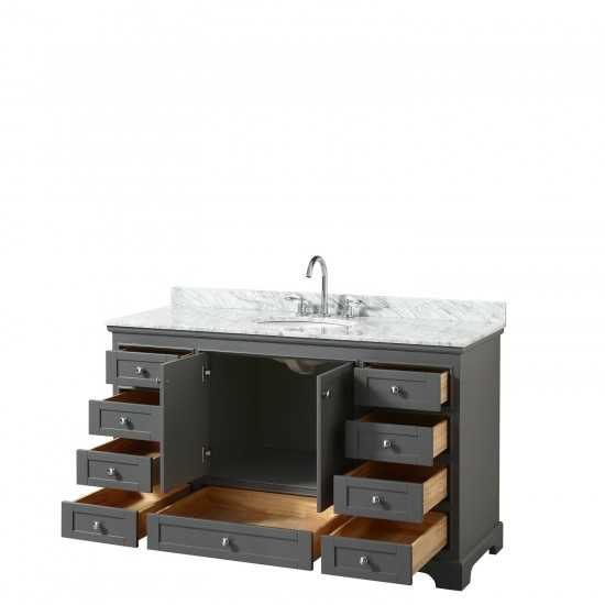 60 Inch Single Bathroom Vanity in Dark Gray, White Carrara Marble Countertop, Oval Sink, No Mirror