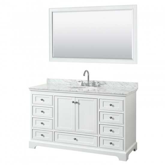 60 Inch Single Bathroom Vanity in White, White Carrara Marble Countertop, Oval Sink, 58 Inch Mirror