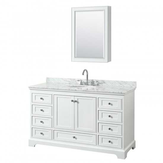 60 Inch Single Bathroom Vanity in White, White Carrara Marble Countertop, Oval Sink, Medicine Cabinet