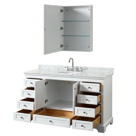 60 Inch Single Bathroom Vanity in White, White Carrara Marble Countertop, Oval Sink, Medicine Cabinet