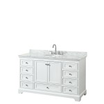 60 Inch Single Bathroom Vanity in White, White Carrara Marble Countertop, Oval Sink, No Mirror