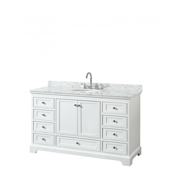 60 Inch Single Bathroom Vanity in White, White Carrara Marble Countertop, Oval Sink, No Mirror