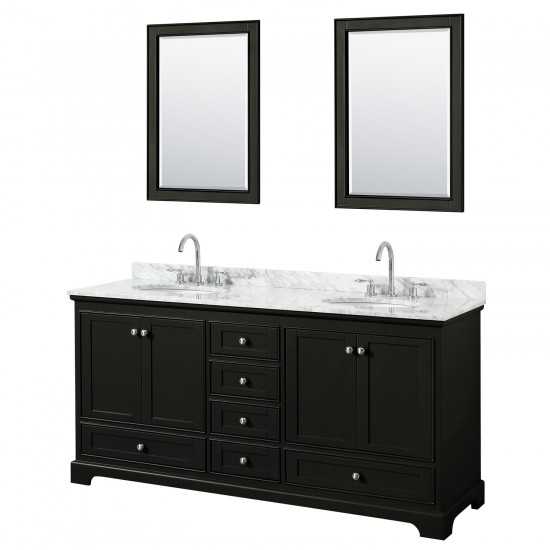 72 Inch Double Bathroom Vanity in Dark Espresso, White Carrara Marble Countertop, Oval Sinks, 24 Inch Mirrors