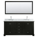 72 Inch Double Bathroom Vanity in Dark Espresso, White Carrara Marble Countertop, Oval Sinks, 70 Inch Mirror