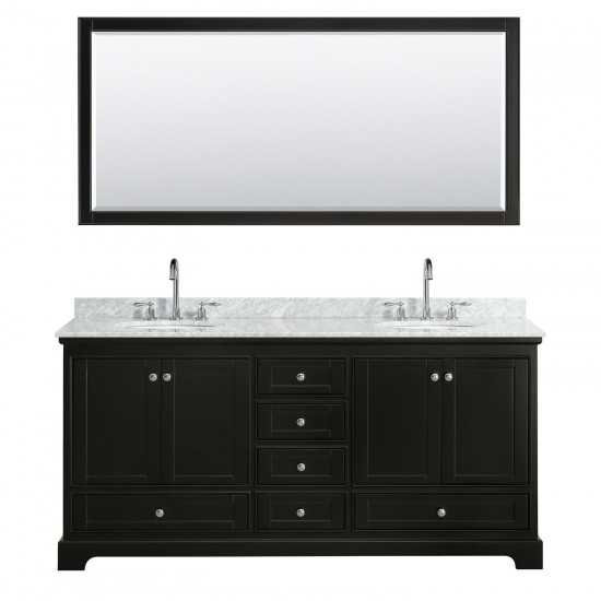 72 Inch Double Bathroom Vanity in Dark Espresso, White Carrara Marble Countertop, Oval Sinks, 70 Inch Mirror