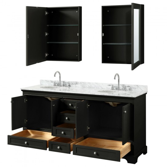 72 Inch Double Bathroom Vanity in Dark Espresso, White Carrara Marble Countertop, Oval Sinks, Medicine Cabinets