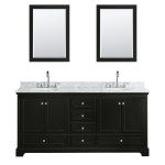 72 Inch Double Bathroom Vanity in Dark Espresso, White Carrara Marble Countertop, Oval Sinks, Medicine Cabinets