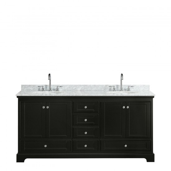 72 Inch Double Bathroom Vanity in Dark Espresso, White Carrara Marble Countertop, Oval Sinks, No Mirrors