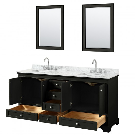 72 Inch Double Bathroom Vanity in Dark Espresso, White Carrara Marble Countertop, Sinks, 24 Inch Mirrors