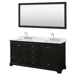 72 Inch Double Bathroom Vanity in Dark Espresso, White Carrara Marble Countertop, Sinks, 70 Inch Mirror