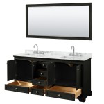 72 Inch Double Bathroom Vanity in Dark Espresso, White Carrara Marble Countertop, Sinks, 70 Inch Mirror