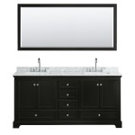 72 Inch Double Bathroom Vanity in Dark Espresso, White Carrara Marble Countertop, Sinks, 70 Inch Mirror