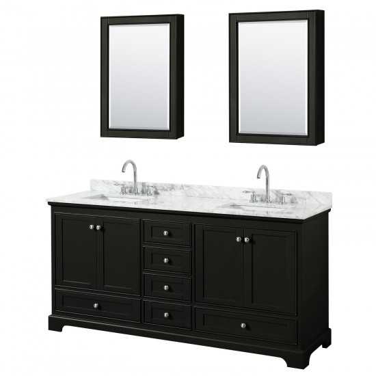 72 Inch Double Bathroom Vanity in Dark Espresso, White Carrara Marble Countertop, Sinks, Medicine Cabinets