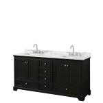 72 Inch Double Bathroom Vanity in Dark Espresso, White Carrara Marble Countertop, Sinks, No Mirrors