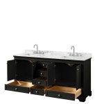 72 Inch Double Bathroom Vanity in Dark Espresso, White Carrara Marble Countertop, Sinks, No Mirrors