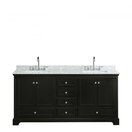 72 Inch Double Bathroom Vanity in Dark Espresso, White Carrara Marble Countertop, Sinks, No Mirrors