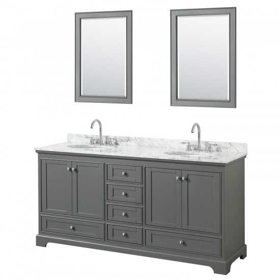 72 Inch Double Bathroom Vanity in Dark Gray, White Carrara Marble Countertop, Oval Sinks, 24 Inch Mirrors