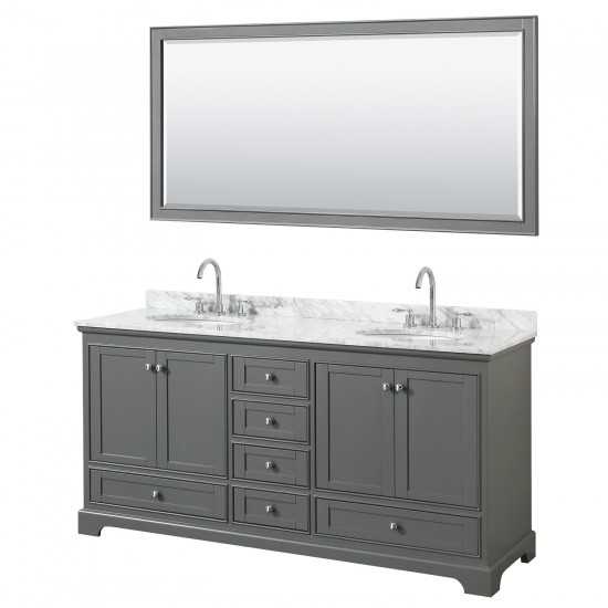 72 Inch Double Bathroom Vanity in Dark Gray, White Carrara Marble Countertop, Oval Sinks, 70 Inch Mirror