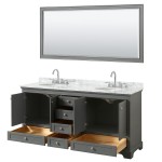 72 Inch Double Bathroom Vanity in Dark Gray, White Carrara Marble Countertop, Oval Sinks, 70 Inch Mirror