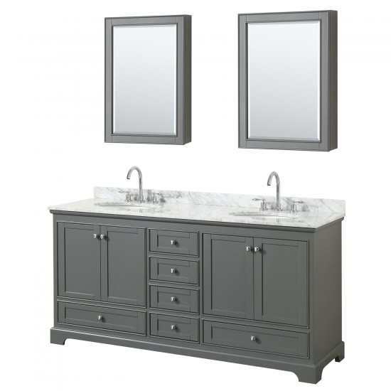 72 Inch Double Bathroom Vanity in Dark Gray, White Carrara Marble Countertop, Oval Sinks, Medicine Cabinets