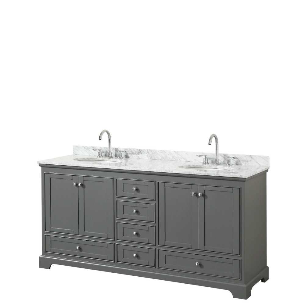 72 Inch Double Bathroom Vanity in Dark Gray, White Carrara Marble Countertop, Oval Sinks, No Mirrors