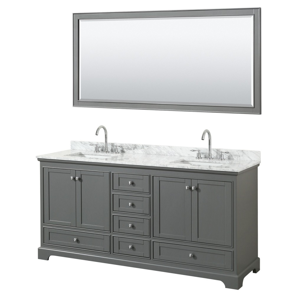 72 Inch Double Bathroom Vanity in Dark Gray, White Carrara Marble Countertop, Sinks, 70 Inch Mirror