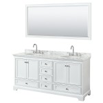 72 Inch Double Bathroom Vanity in White, White Carrara Marble Countertop, Oval Sinks, 70 Inch Mirror