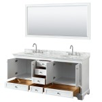 72 Inch Double Bathroom Vanity in White, White Carrara Marble Countertop, Oval Sinks, 70 Inch Mirror