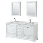 72 Inch Double Bathroom Vanity in White, White Carrara Marble Countertop, Oval Sinks, Medicine Cabinets