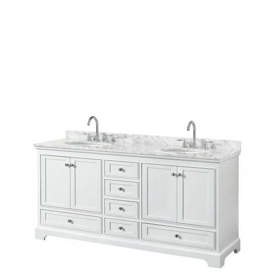 72 Inch Double Bathroom Vanity in White, White Carrara Marble Countertop, Oval Sinks, No Mirrors