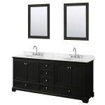 80 Inch Double Bathroom Vanity in Dark Espresso, White Carrara Marble Countertop, Oval Sinks, 24 Inch Mirrors