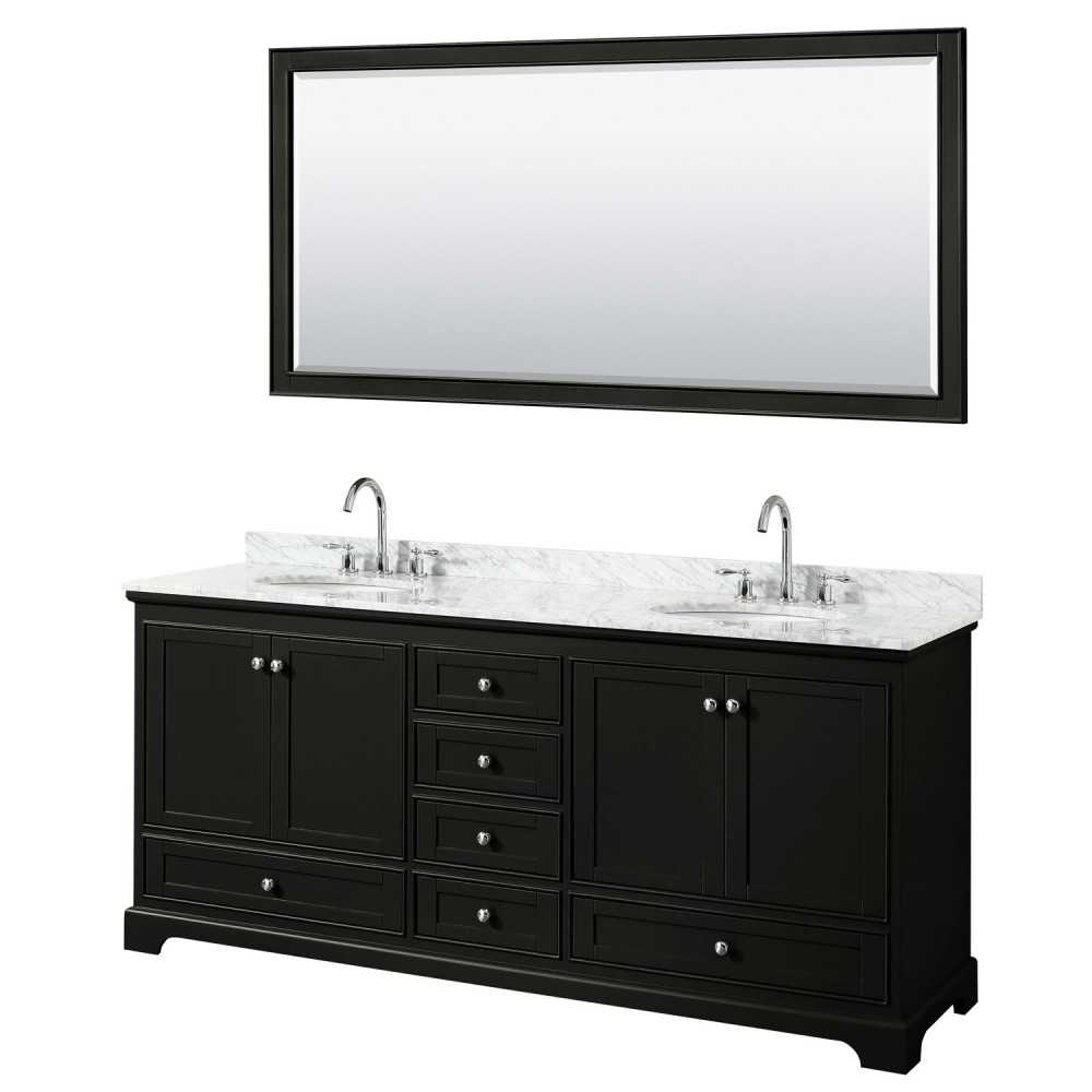 80 Inch Double Bathroom Vanity in Dark Espresso, White Carrara Marble Countertop, Oval Sinks, 70 Inch Mirror