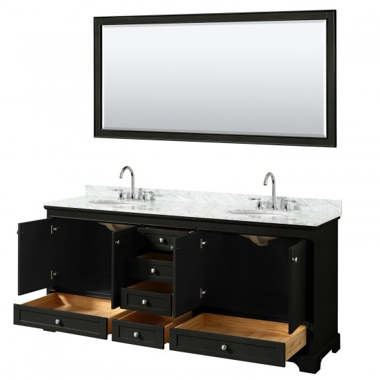 80 Inch Double Bathroom Vanity in Dark Espresso, White Carrara Marble Countertop, Oval Sinks, 70 Inch Mirror