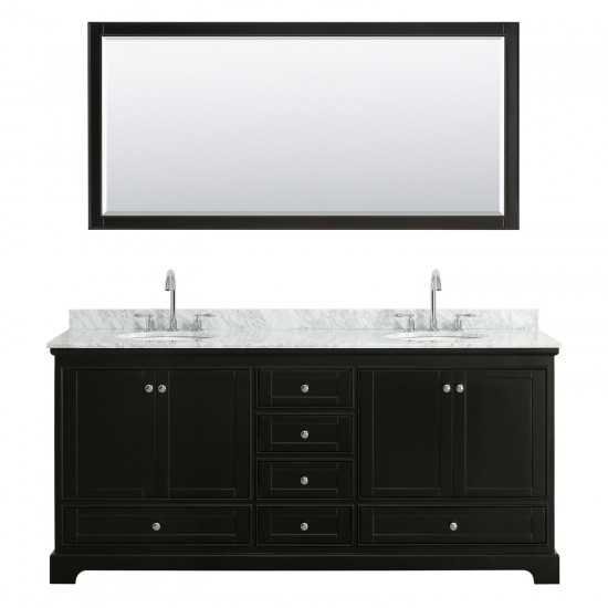 80 Inch Double Bathroom Vanity in Dark Espresso, White Carrara Marble Countertop, Oval Sinks, 70 Inch Mirror