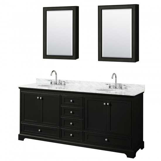 80 Inch Double Bathroom Vanity in Dark Espresso, White Carrara Marble Countertop, Oval Sinks, Medicine Cabinets