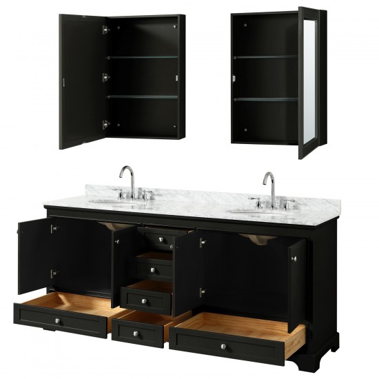 80 Inch Double Bathroom Vanity in Dark Espresso, White Carrara Marble Countertop, Oval Sinks, Medicine Cabinets