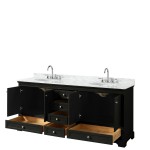 80 Inch Double Bathroom Vanity in Dark Espresso, White Carrara Marble Countertop, Oval Sinks, No Mirrors