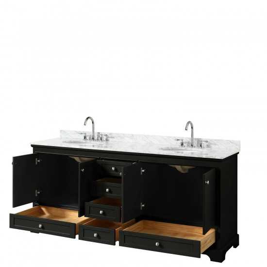 80 Inch Double Bathroom Vanity in Dark Espresso, White Carrara Marble Countertop, Oval Sinks, No Mirrors