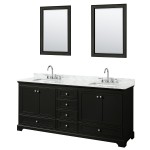 80 Inch Double Bathroom Vanity in Dark Espresso, White Carrara Marble Countertop, Sinks, 24 Inch Mirrors