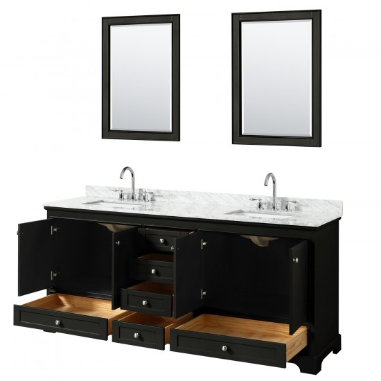 80 Inch Double Bathroom Vanity in Dark Espresso, White Carrara Marble Countertop, Sinks, 24 Inch Mirrors