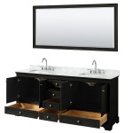 80 Inch Double Bathroom Vanity in Dark Espresso, White Carrara Marble Countertop, Sinks, 70 Inch Mirror