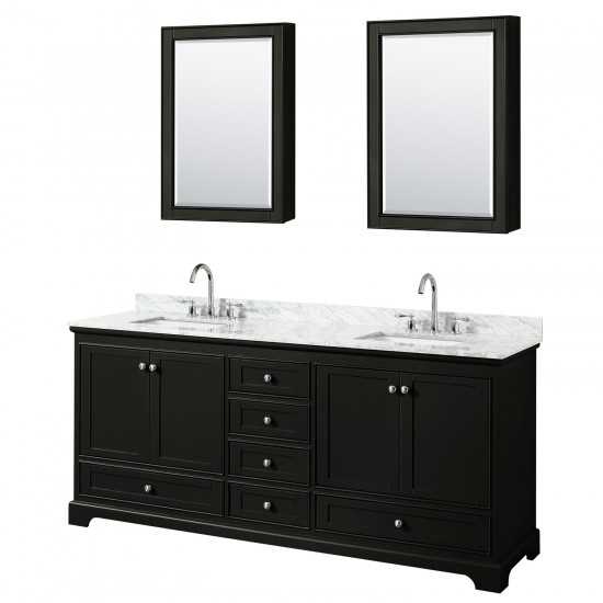 80 Inch Double Bathroom Vanity in Dark Espresso, White Carrara Marble Countertop, Sinks, Medicine Cabinets