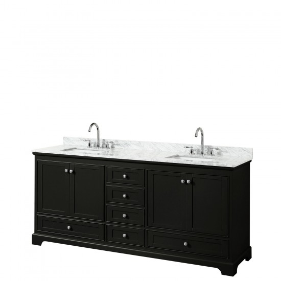 80 Inch Double Bathroom Vanity in Dark Espresso, White Carrara Marble Countertop, Sinks, No Mirrors