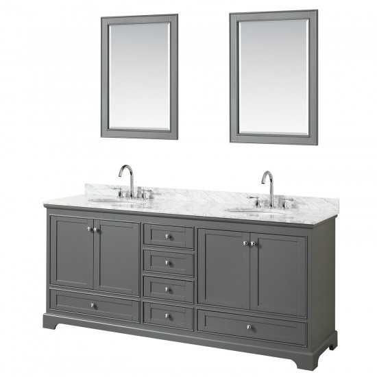 80 Inch Double Bathroom Vanity in Dark Gray, White Carrara Marble Countertop, Oval Sinks, 24 Inch Mirrors