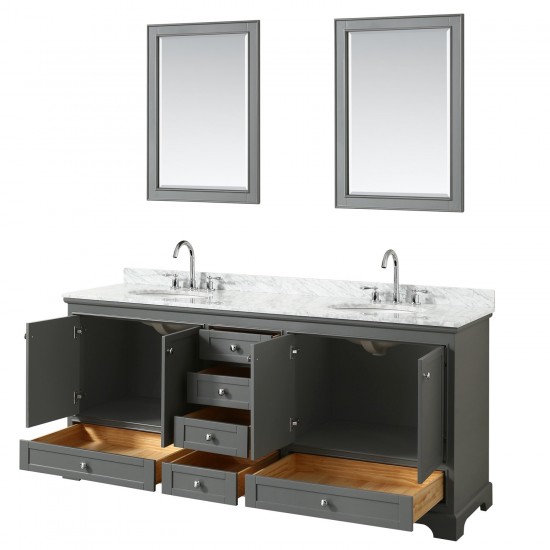 80 Inch Double Bathroom Vanity in Dark Gray, White Carrara Marble Countertop, Oval Sinks, 24 Inch Mirrors